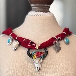 Artisan Red Bandana and Silver Necklace with Floral Bull Pendant